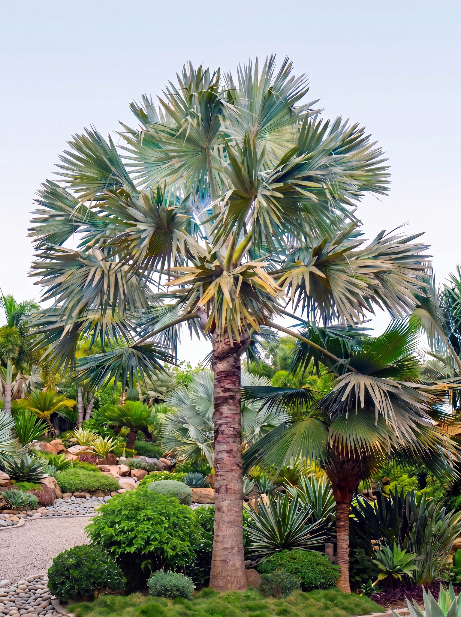 Spécimen de Bismarckia nobilis bleu argenté planté dans un jardin contemporain marocain